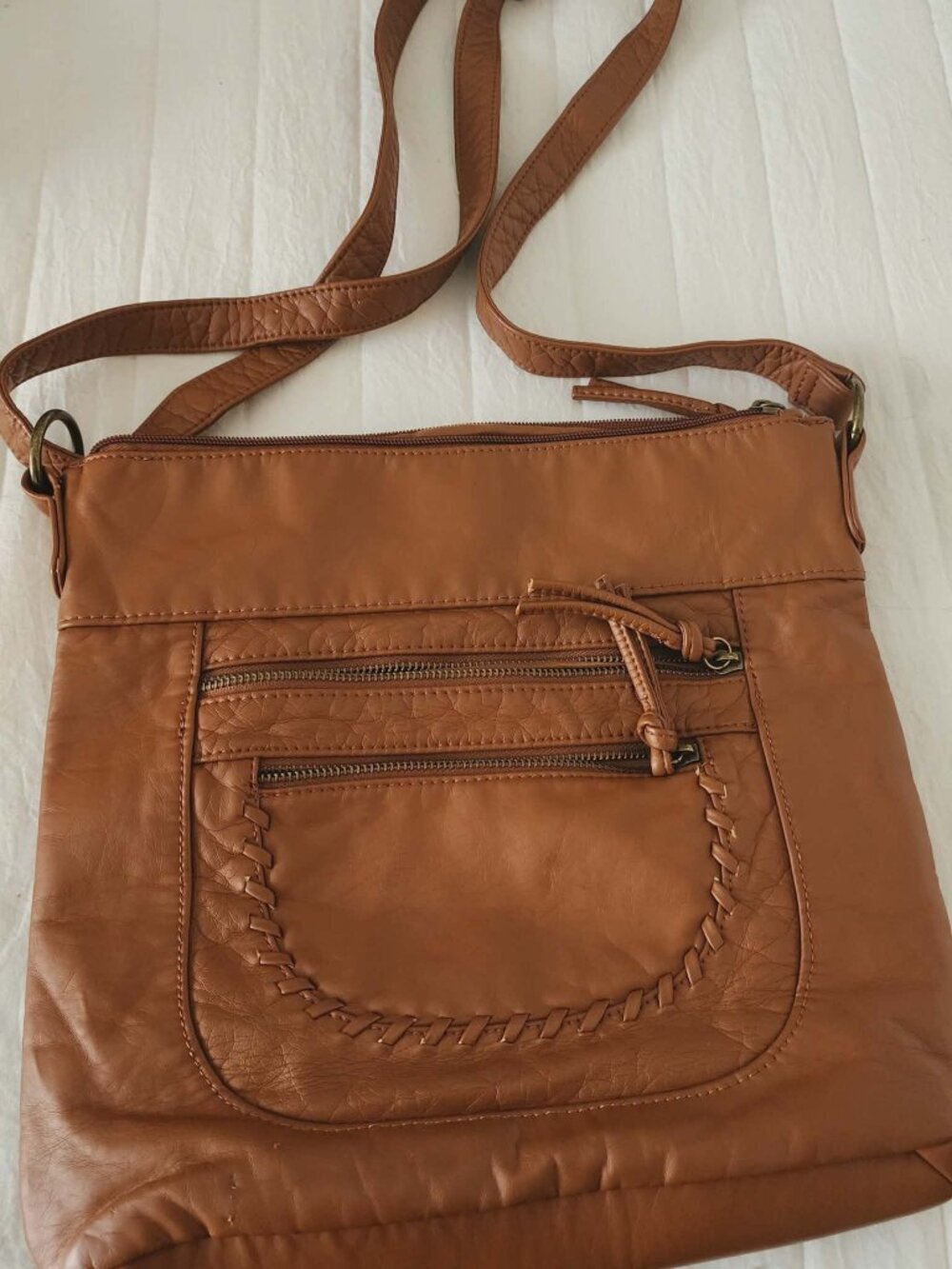 Bueno Cognac Brown Crossbody Bag Faux Leather Multi Pocket Boho Casual